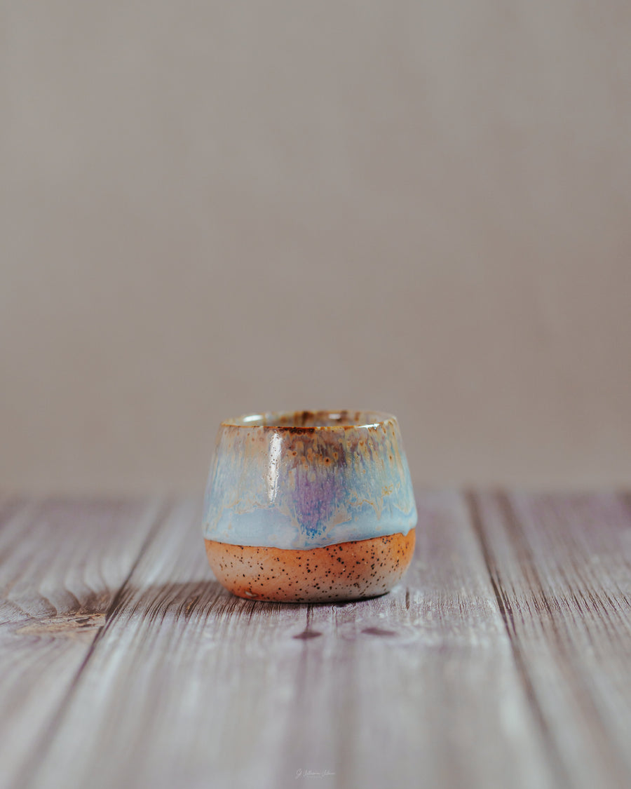 Komorebi 4 oz handmade stoneware cup, Aura Quartz glaze