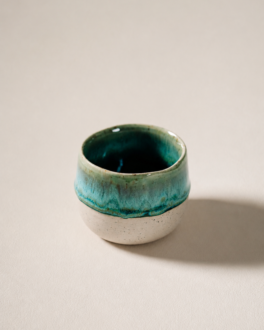 Komorebi 8 oz handmade stoneware cup, Emerald Stream glaze