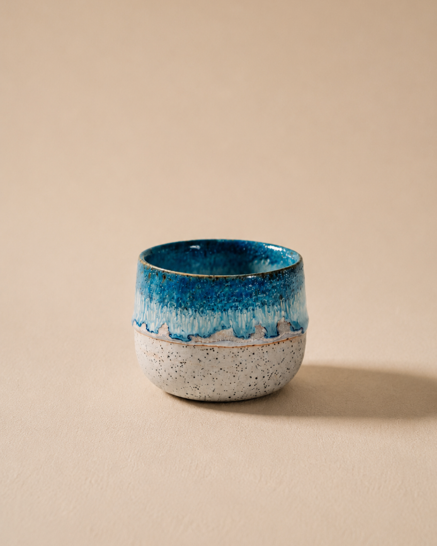 Komorebi 8 oz handmade stoneware cup, Cobalt Blue Drip glaze