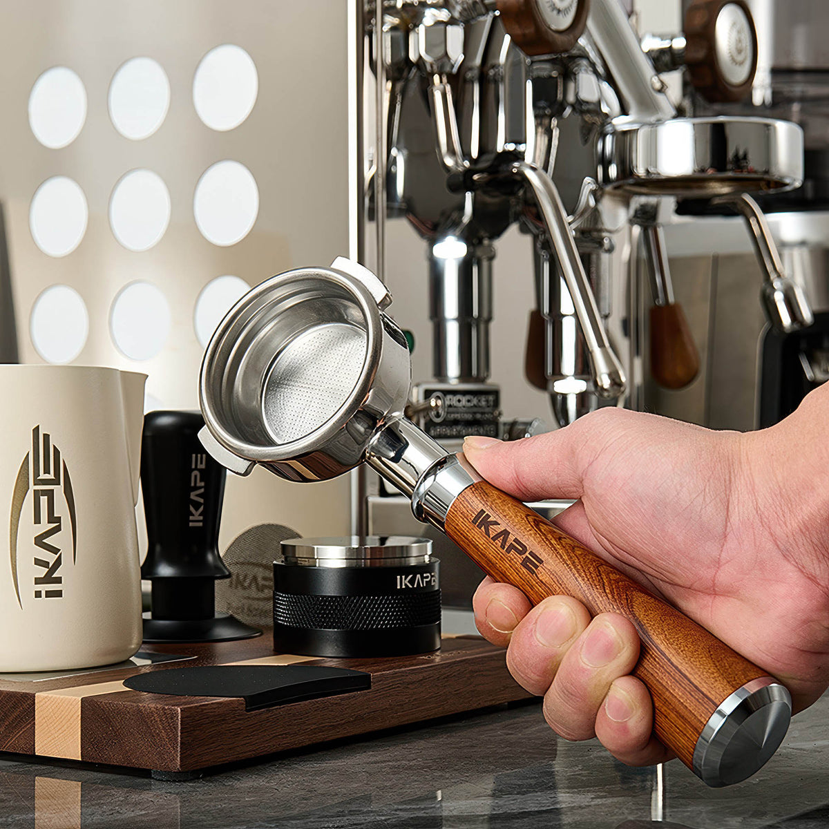 IKAPE Bottomless Portafilter, Solid Wood Handle
