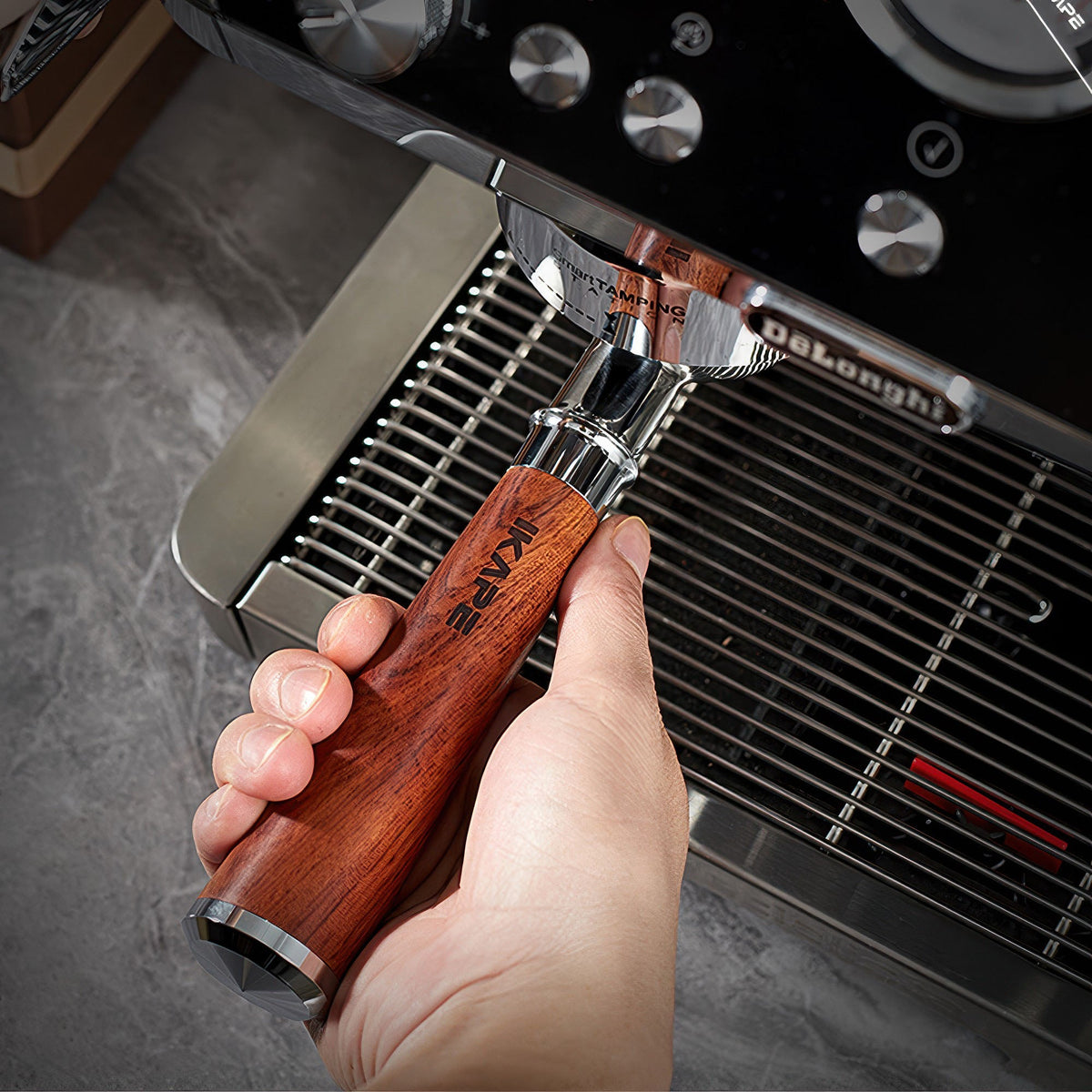 IKAPE Bottomless Portafilter, Solid Wood Handle