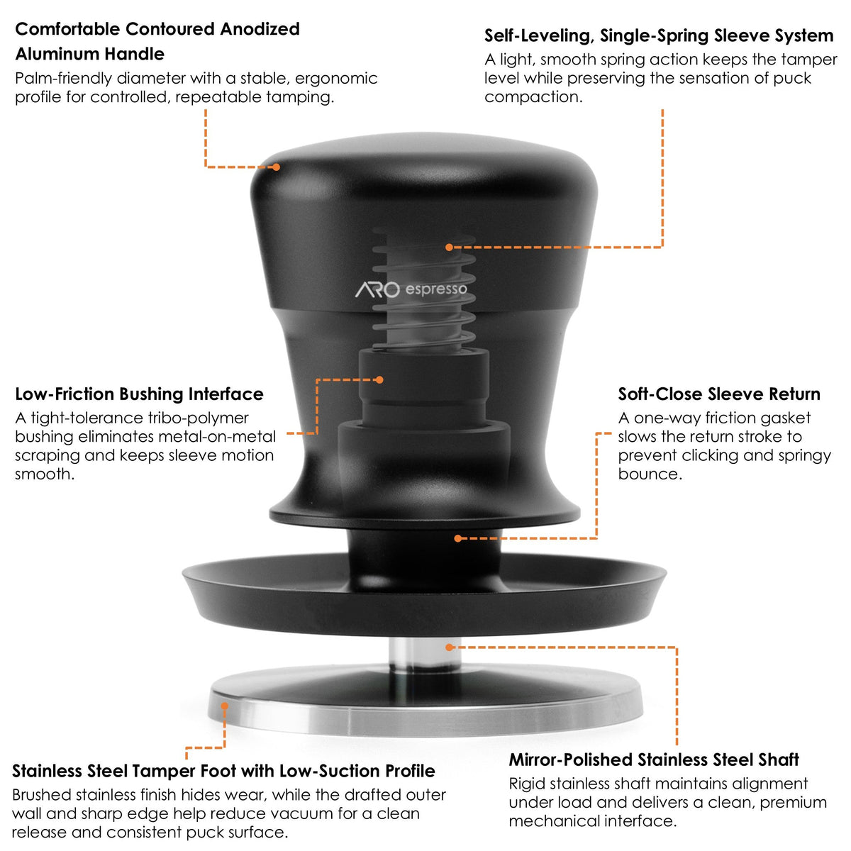 ARO Auto-Level Espresso Tamper, Self-Leveling Single Spring, 54mm and 58mm