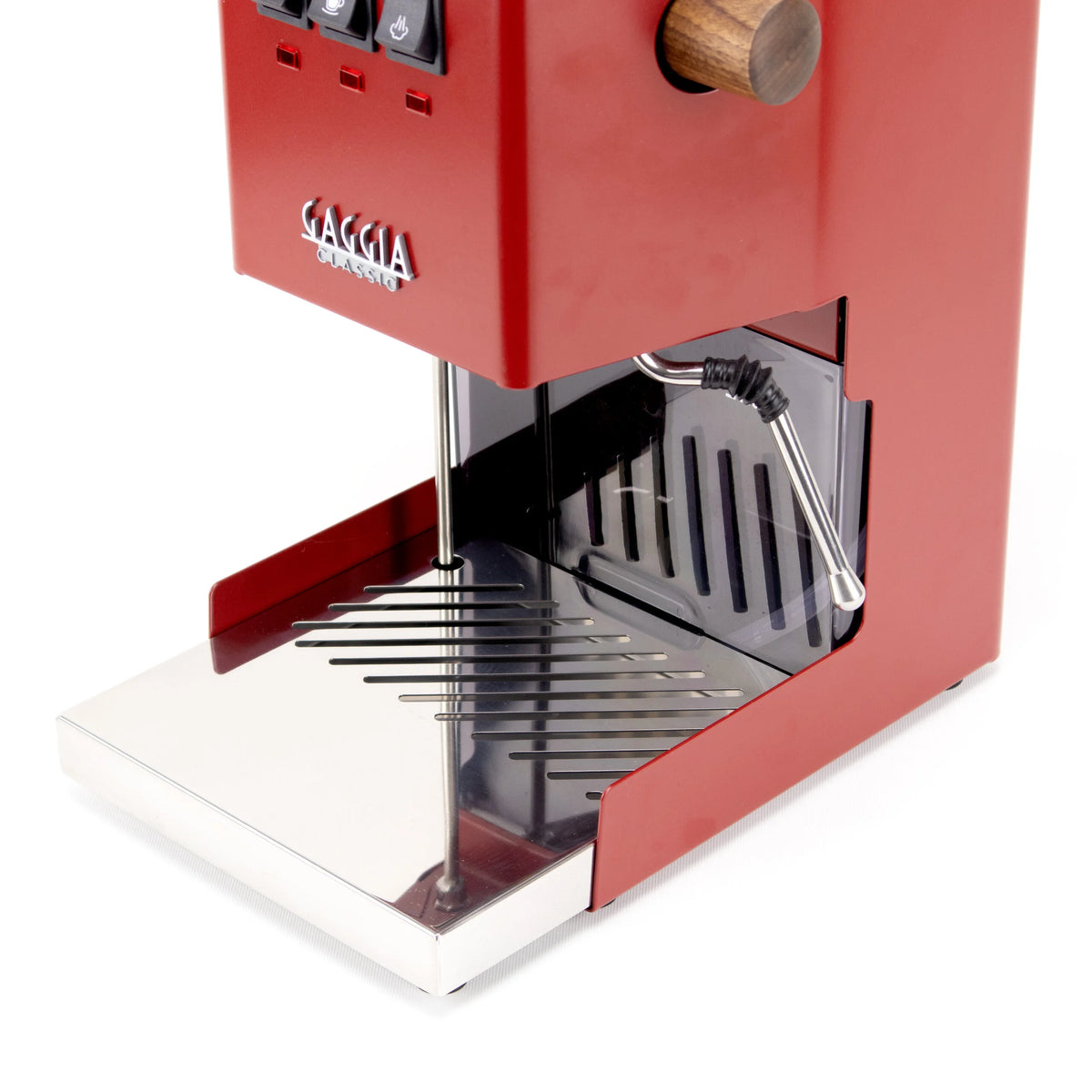 Extended low profile drip tray in mirror finish, fitted to a Gaggia Classic
