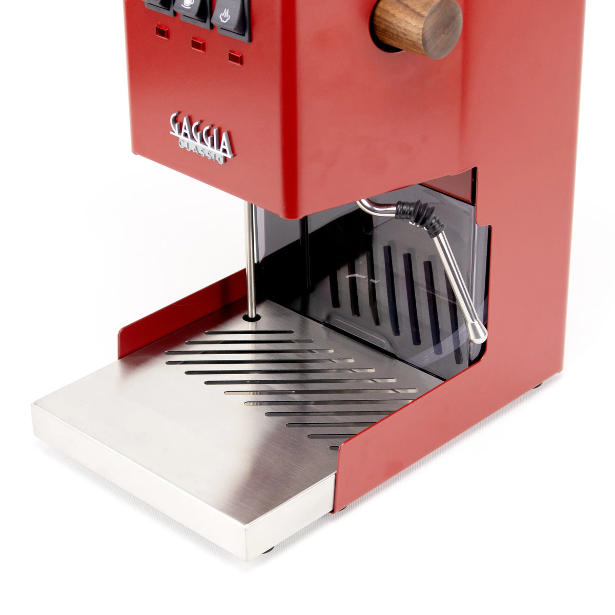 Extended low profile drip tray in brushed finish, fitted to a Gaggia Classic