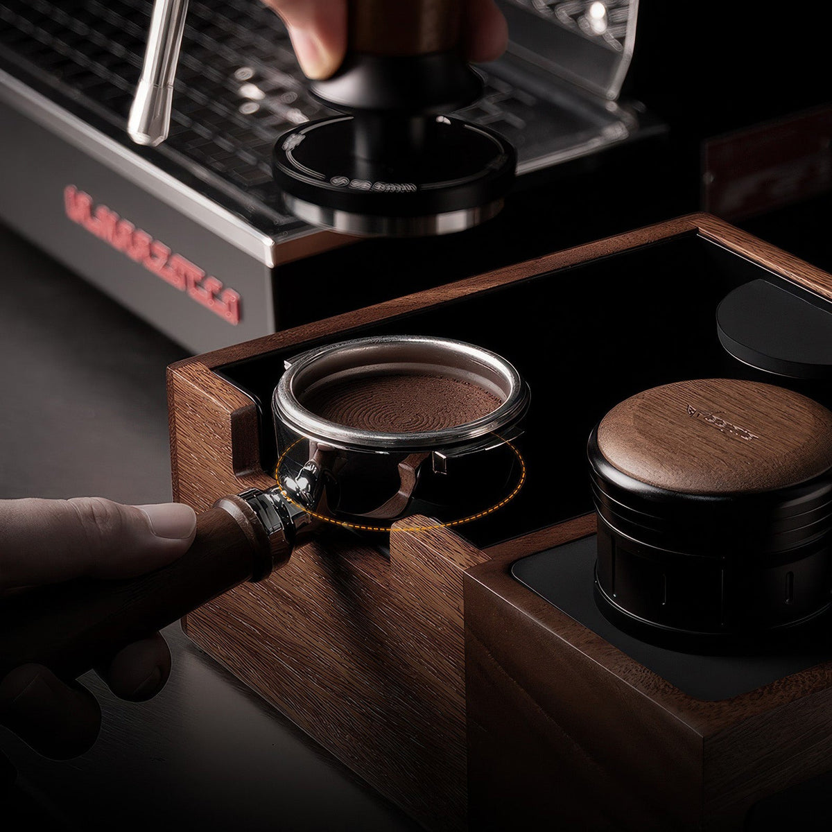 Walnut Espresso Tamping Station with Knock Box, 51 / 54 / 58 mm