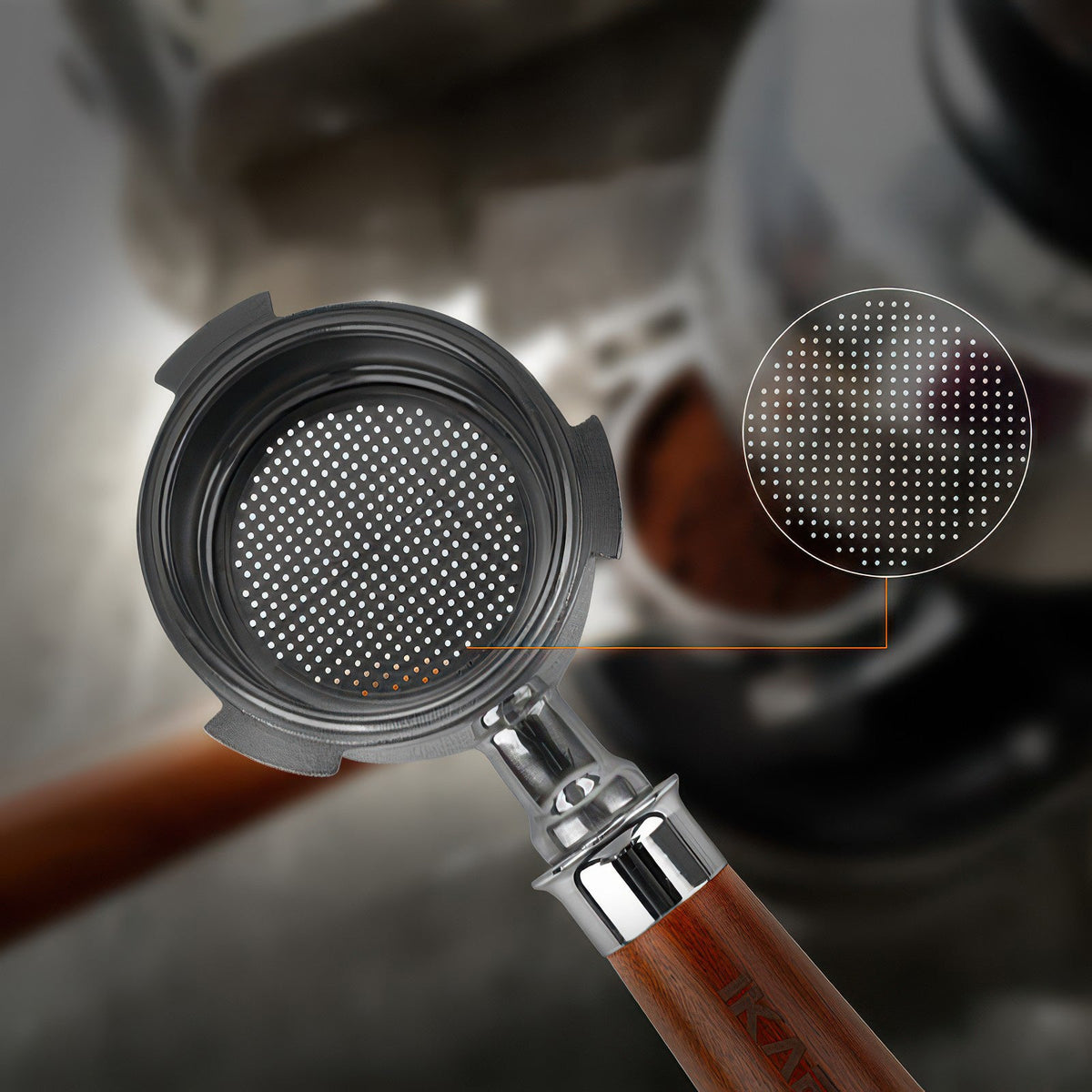 IKAPE Bottomless Portafilter, Solid Wood Handle