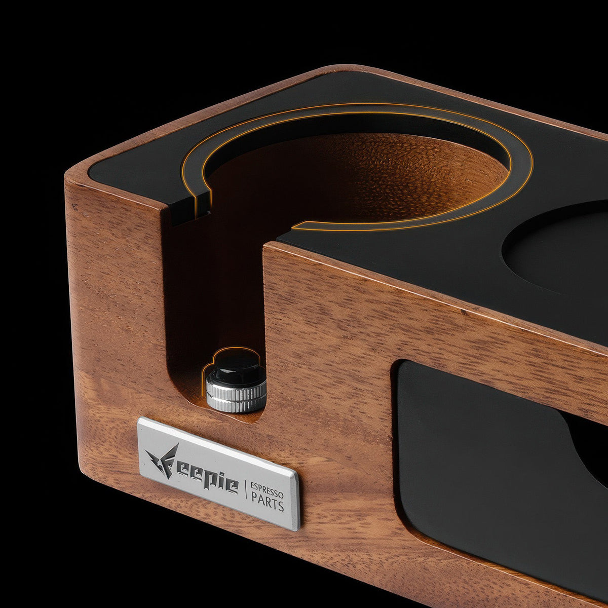 Walnut Espresso Tamping Station with Knock Box, 51 / 54 / 58 mm