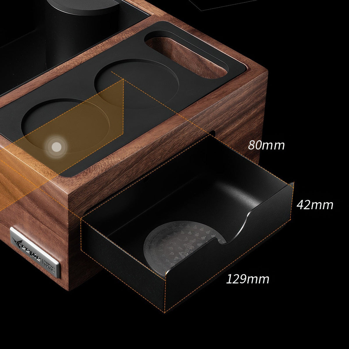 Walnut Espresso Tamping Station with Knock Box, 51 / 54 / 58 mm