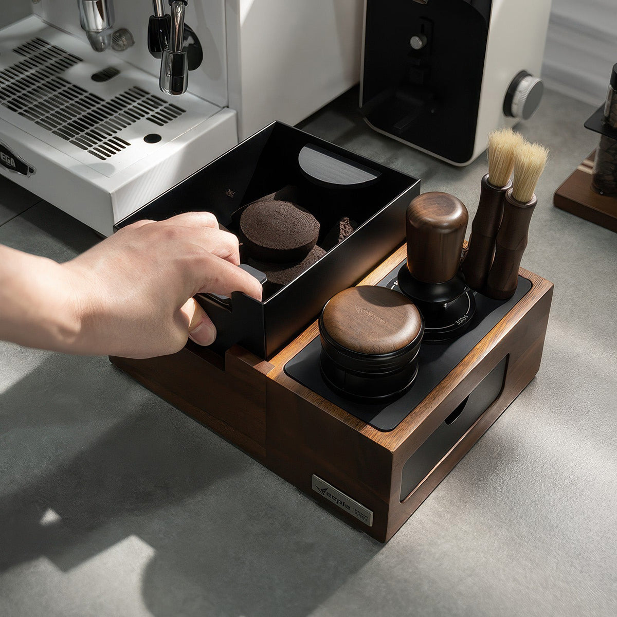 Walnut Espresso Tamping Station with Knock Box, 51 / 54 / 58 mm