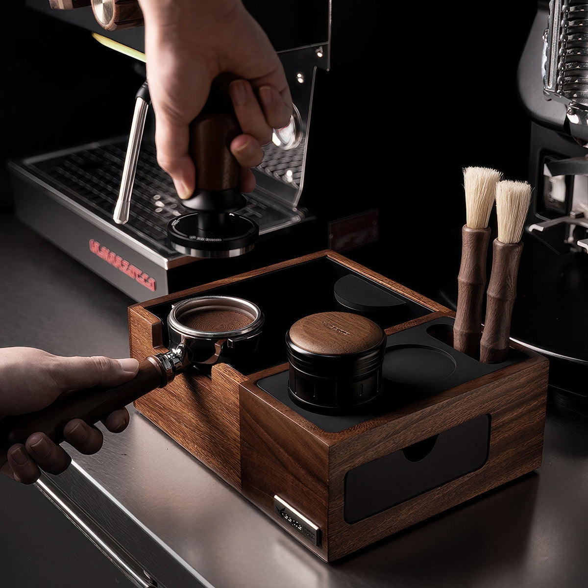 Walnut Espresso Tamping Station with Knock Box, 51 / 54 / 58 mm