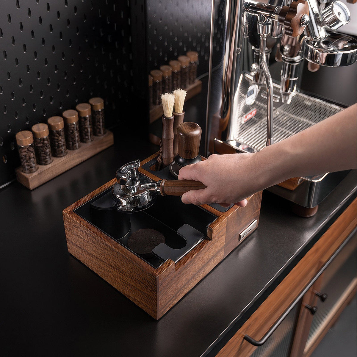 Walnut Espresso Tamping Station with Knock Box, 51 / 54 / 58 mm