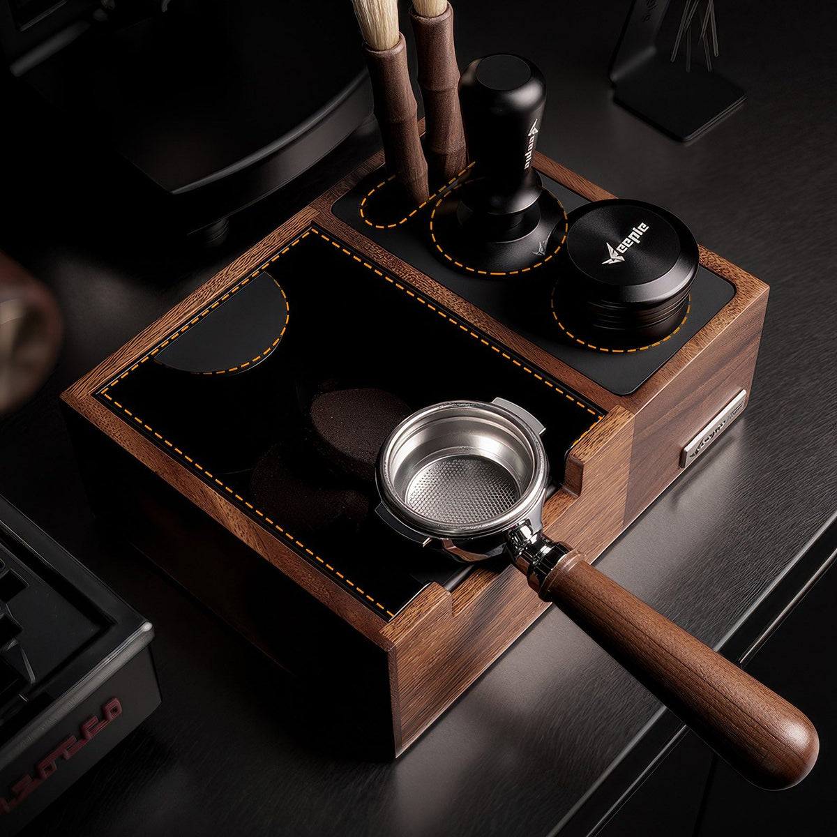 Walnut Espresso Tamping Station with Knock Box, 51 / 54 / 58 mm