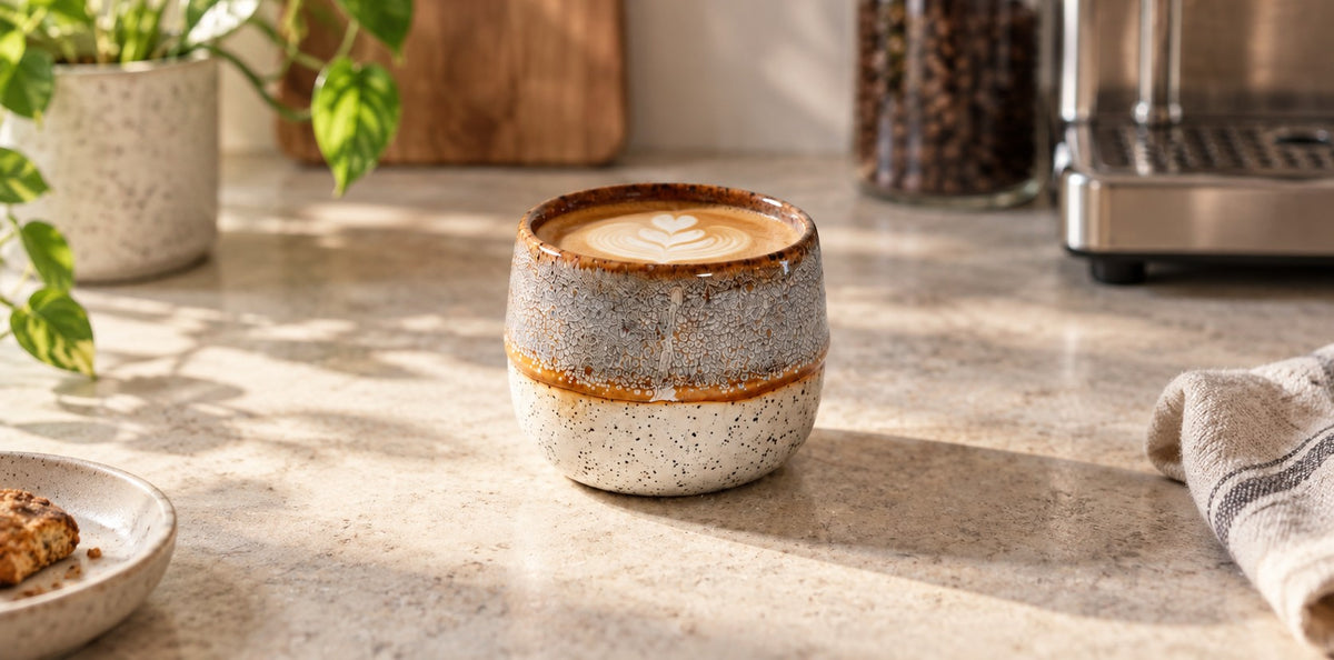 Komorebi 8 oz handmade stoneware cup in Mist Gray, holding a latte on a sunlit kitchen counter